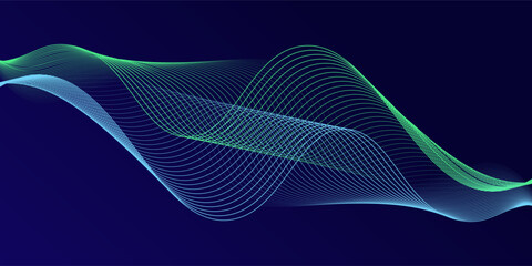 Abstract glowing wave lines on dark blue background. Dynamic wave pattern. Modern flowing wavy lines. Futuristic technology concept. Suit for banner, poster, cover, brochure, flyer, website