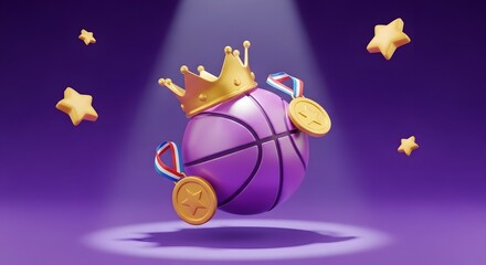 Purple Basketball with Gold Crown and Medals Fantasy Style Celebratory Scene