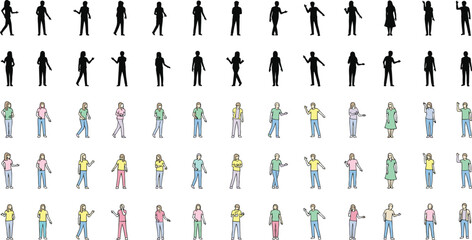 Silhouette and color pose comparison, diverse human standing figures set, character design reference, fashion outfit variation, gesture illustration grid, vector model artwork collection