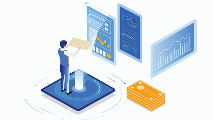 Isometric illustration of a person interacting with data screens and a stack of money nearby it