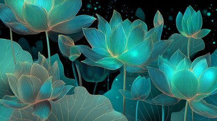 A vector illustration of bioluminescent Mekong Delta lotus flowers with glowing petal patterns