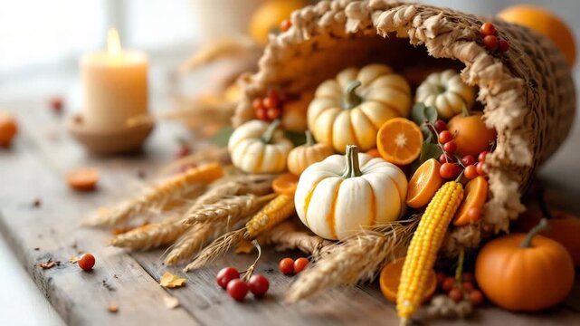 Harvest cornucopia display with pumpkins, wheat, and candlelight for autumn decor.