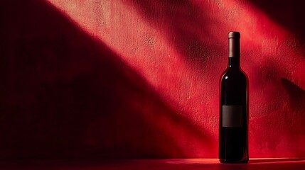 Dramatic lighting showcasing a dark glass wine bottle against textured red wall