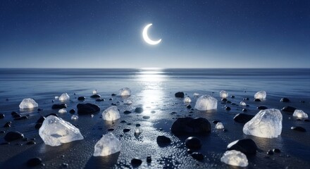 Moonlit beach scene featuring scattered ice rocks and pebbles under a starry night sky, creating a serene and mystical atmosphere by the calm ocean waters.