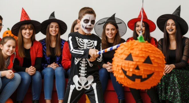 Children Enjoying Halloween Party Smashing a Pumpkin Piñata