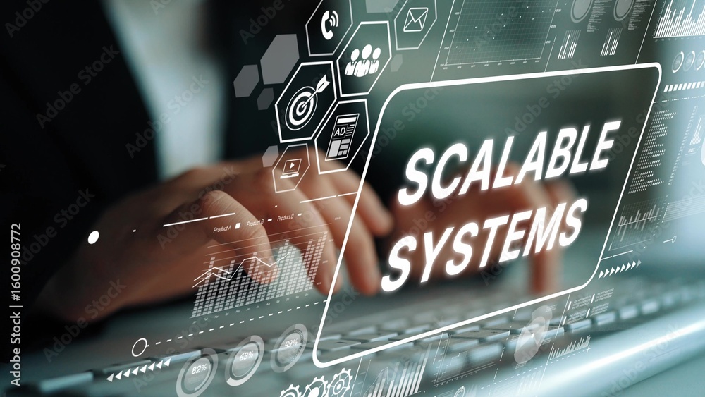Poster Business professional interacting with digital interface showcasing scalable systems for efficient data management in technology solutions. Asymptotic smart data analytic.