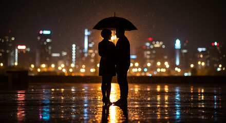 Romantic silhouette of a couple in love under an umbrella on a rainy night with a luminous cityscape background.