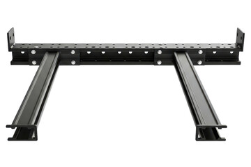 Fototapeta premium Industrial black metal support frame with rails and screw holes isolated on a transparent background