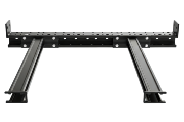 Industrial black metal support frame with rails and screw holes isolated on a transparent background