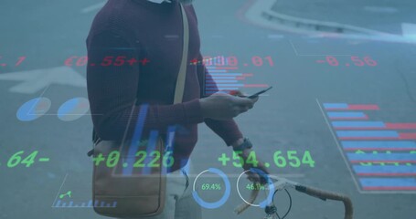 Mature man pushing bicycle while scrolling phone, activating financial graphs updating stock data - Powered by Adobe