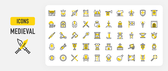 Medieval icons. Windmill, Tower, Well, Cart, Sorcerer, Gate, Goblet, Fleur De Lis, Helmet, Potion, Gemstone, Crown, Heraldic Flag, Queen, Coin, Spears vector stroke illustration.   © Picvault