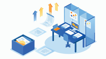 Isometric view of an office setup with a desk, computer, documents, and upward pointing arrows
