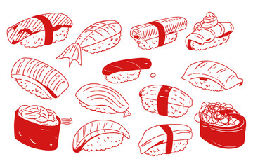 Hand Drawn Illustration Traditional Japanese Sushi Line Art Set.