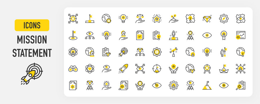 Mission statement icons. Mission, Vision, Core Focus, Core Value, Research, Values, Excellence, Ideas, Goal vector stroke illustration.	
