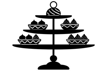 Elegant Three-Tiered Cake Stand with Assorted Pastries Silhouette Vector Illustration