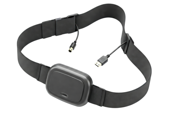 Wearable electronic sensor belt with monitoring device and cables isolated on a transparent background