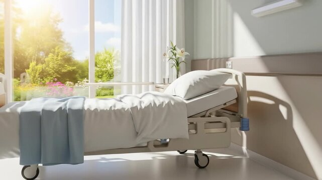 Empty hospital bed next to large window with sunlight streaming in  