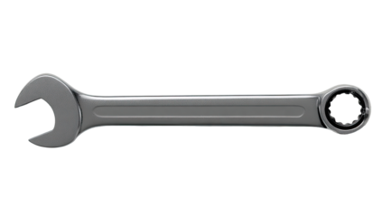 A metallic wrench, angled,  showing a  open  end