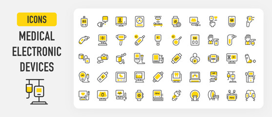 Medical electronic devices icons. Dialysis, Scan, Tonometer, X Rays, Doppler, Defibrillator, Glucose Meter, Dna, Dentist, Tonometer, Scan, Oximeter, Lungs vector stroke illustration.	
