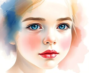 Watercolor portrait of a young girl with blue eyes and red lips in a close up view of her face