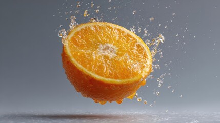 Detailed macro of orange in motion, suspended in air, moisture glistening on rind, halved view reveals juicy pulp, no shadow, clean gray background.