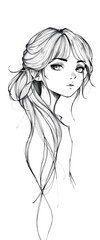 A detailed sketch of a young woman with long flowing hair and elf ears in black and white style
