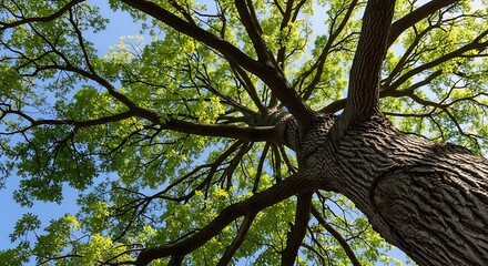 Looking up at a majestic tree canopy and green foliage