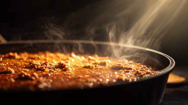 Steaming bobotie cooking in a cast iron skillet with golden light  