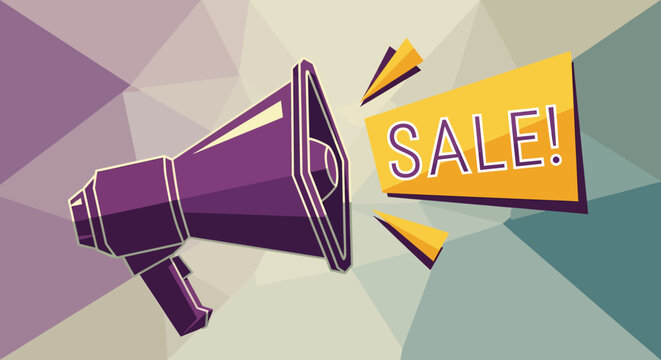 Purple Megaphone Announcing Sale with Yellow Banner and Geometric Accents