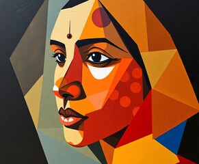 Abstract portrait of a woman with geometric shapes and warm colors in a modern art style piece