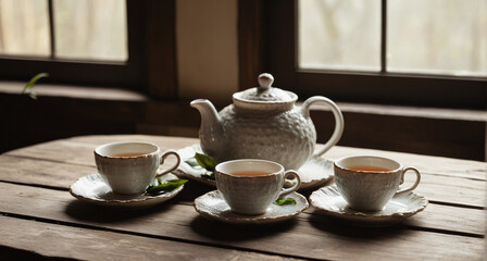 Obraz premium rustic tea set with white ceramic teapot and cups