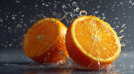 Hyper-detailed orange floating mid-frame, macro droplets on textured skin, studio-lit, dark gray backdrop with no depth.