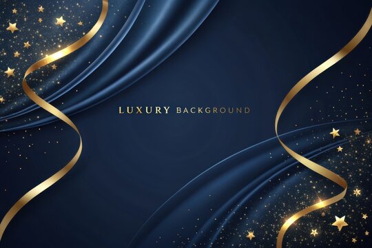 Luxury elegant blue background with gold ribbon and star elements