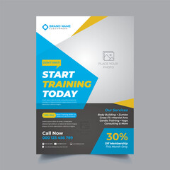 Obraz premium Modern Fitness Gym Training Flyer Template with Blue and Yellow Geometric Design