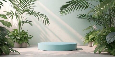 Obraz premium Abstract pedestal with tropical leaves, soft summer light, pastel blue background, perfect for product or cosmetic display, beauty and natural concept, copy space.