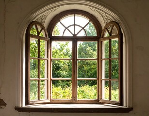 Old arched window, lush greenery