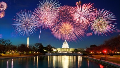 Fototapeta premium vibrant fireworks over washington dcs historic landmarks at night