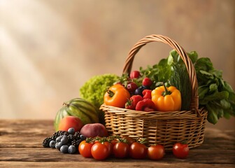 A rustic basket overflowing with fresh vegetables and berries on a wooden table