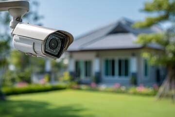 Security camera monitors modern home in well-maintained garden on a sunny day. Copy space