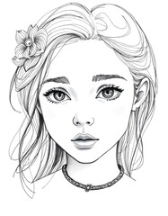 Close up sketch of a young woman with flower in her hair and necklace on a white background art