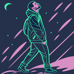 Neon style digital illustration of man walking under night sky – vaporwave aesthetic with hoodie and backpack