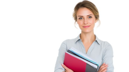 Professional Woman Holding Folders in Office Setting