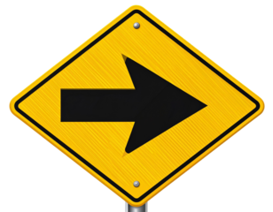  Standard Yellow Right Arrow Traffic Sign, Straight-On View, Transparent Background