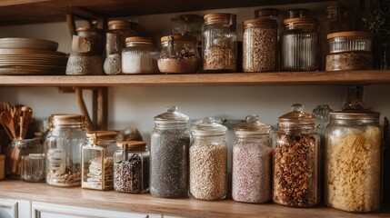 Organized display of various spices and grains in glass jars on wooden shelves in a modern kitchen