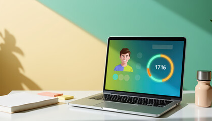 Modern desk setup with laptop displaying user interface and face recognition technology