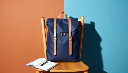 Stylish backpack and journal on chair against colorful background for lifestyle and travel inspiration