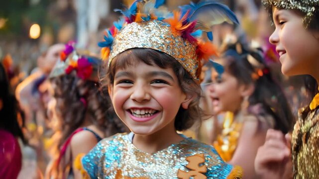 Smiling child in colorful costume at festive parade