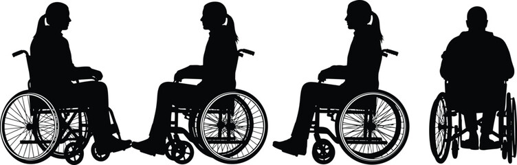 Wheelchair user silhouette set, front back side views, accessibility concept design, inclusive vector illustration, mobility aid diversity, disabled person clipart bundle