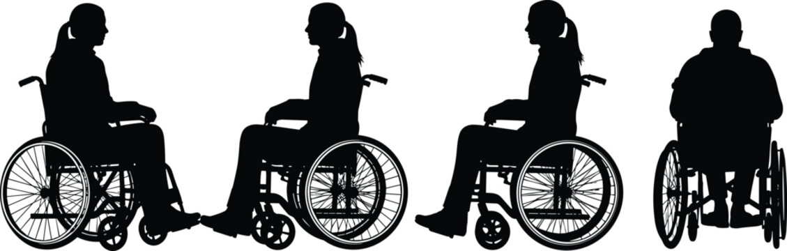 Wheelchair user silhouette set, front back side views, accessibility concept design, inclusive vector illustration, mobility aid diversity, disabled person clipart bundle