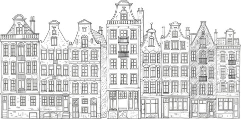 Hand drawn Amsterdam buildings, Dutch canal houses sketch, black and white line art, historic European architecture, vintage townhouse facade illustration